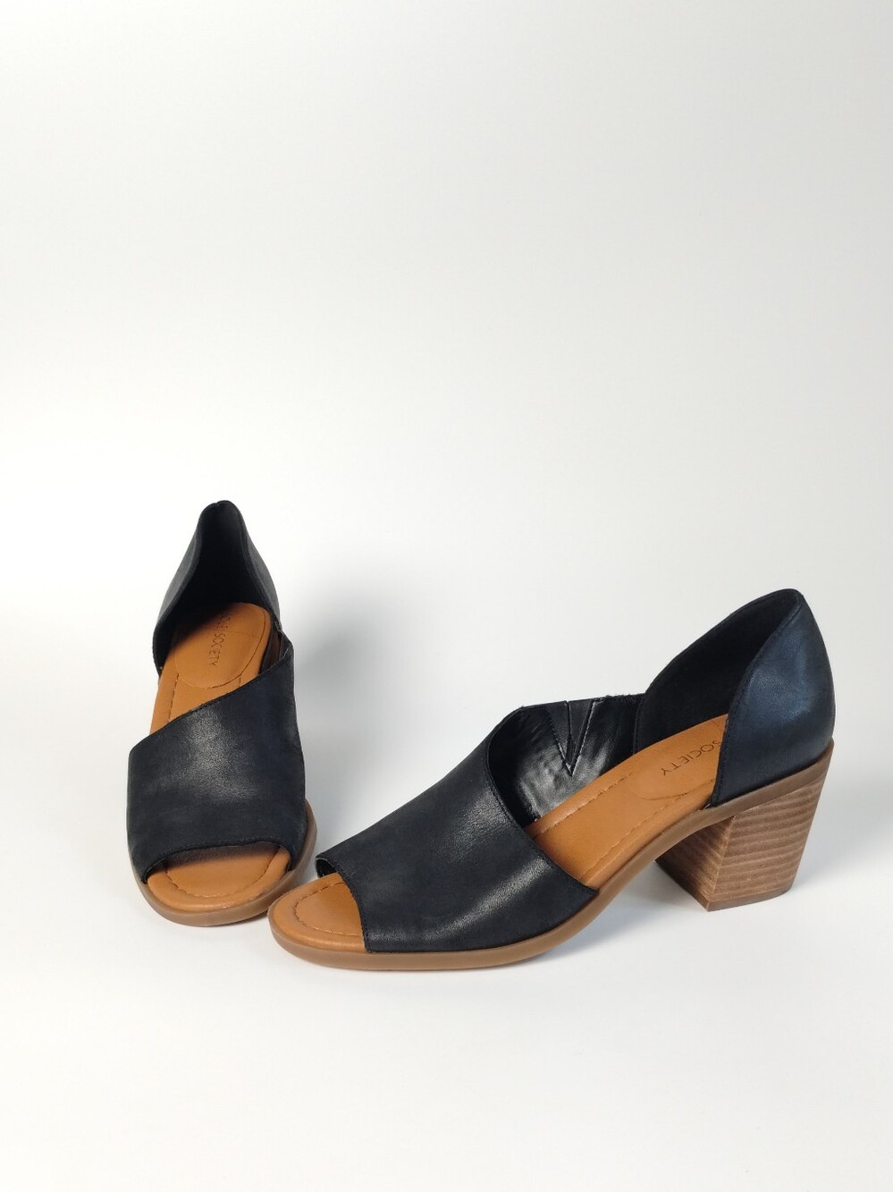 Sole Society Peep Toe Block Heel Black Leather Sandals Open-Toe D'Orsay Size 9